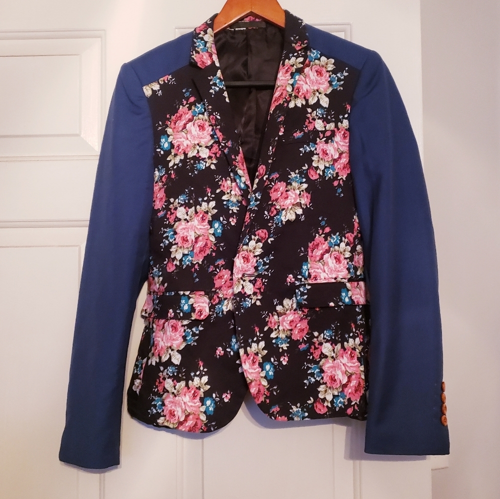 Cute Navy Blue, Black and Floral Print Blazer.